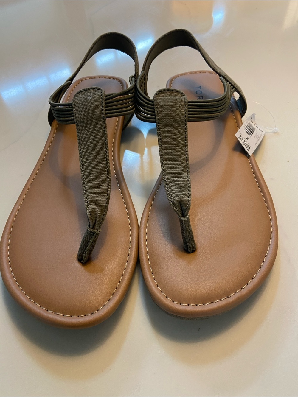torrid Olive Green T-Strap Sandals with Tan Footbed